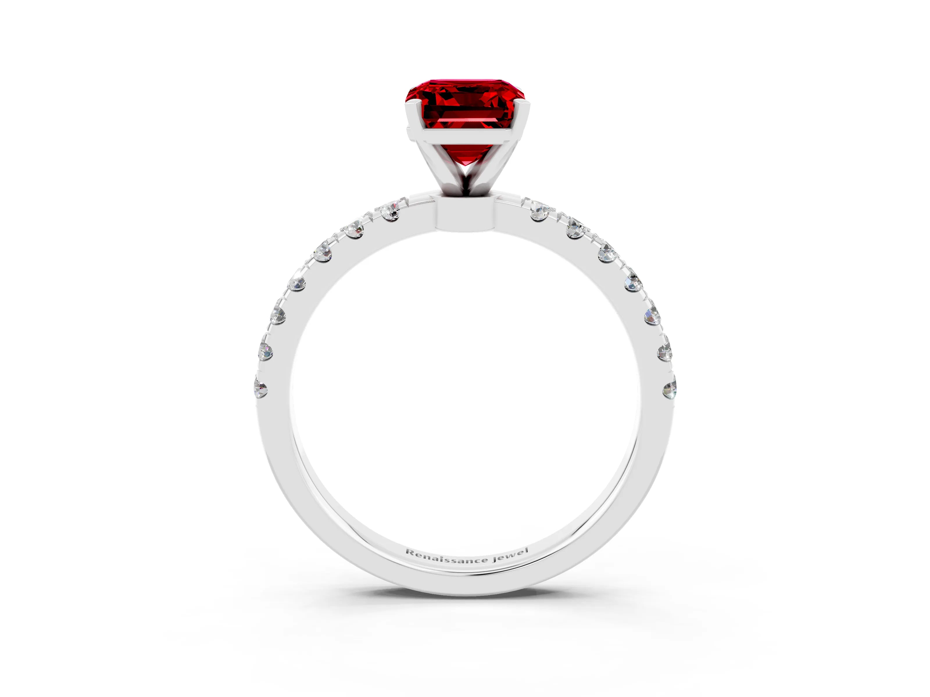 White gold Emerald Cut Ruby Solitaire Ring with Pavé Accents and Four-Prong Setting_3