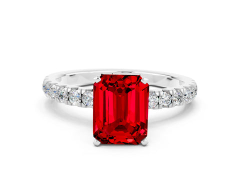 White gold Emerald Cut Ruby Solitaire Ring with Pavé Accents and Four-Prong Setting