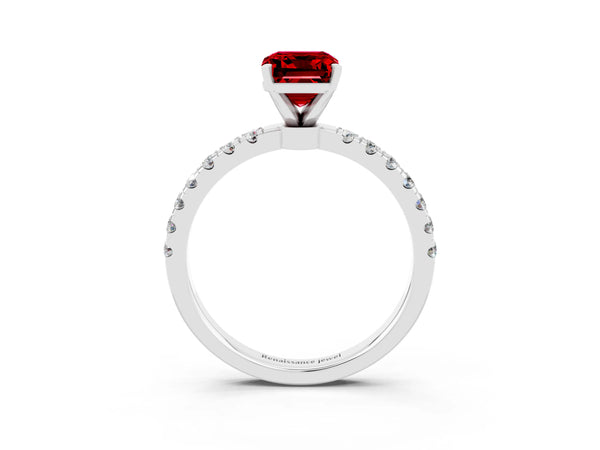 Silver Emerald Cut Ruby Solitaire Ring with Pavé Accents and Four-Prong Setting