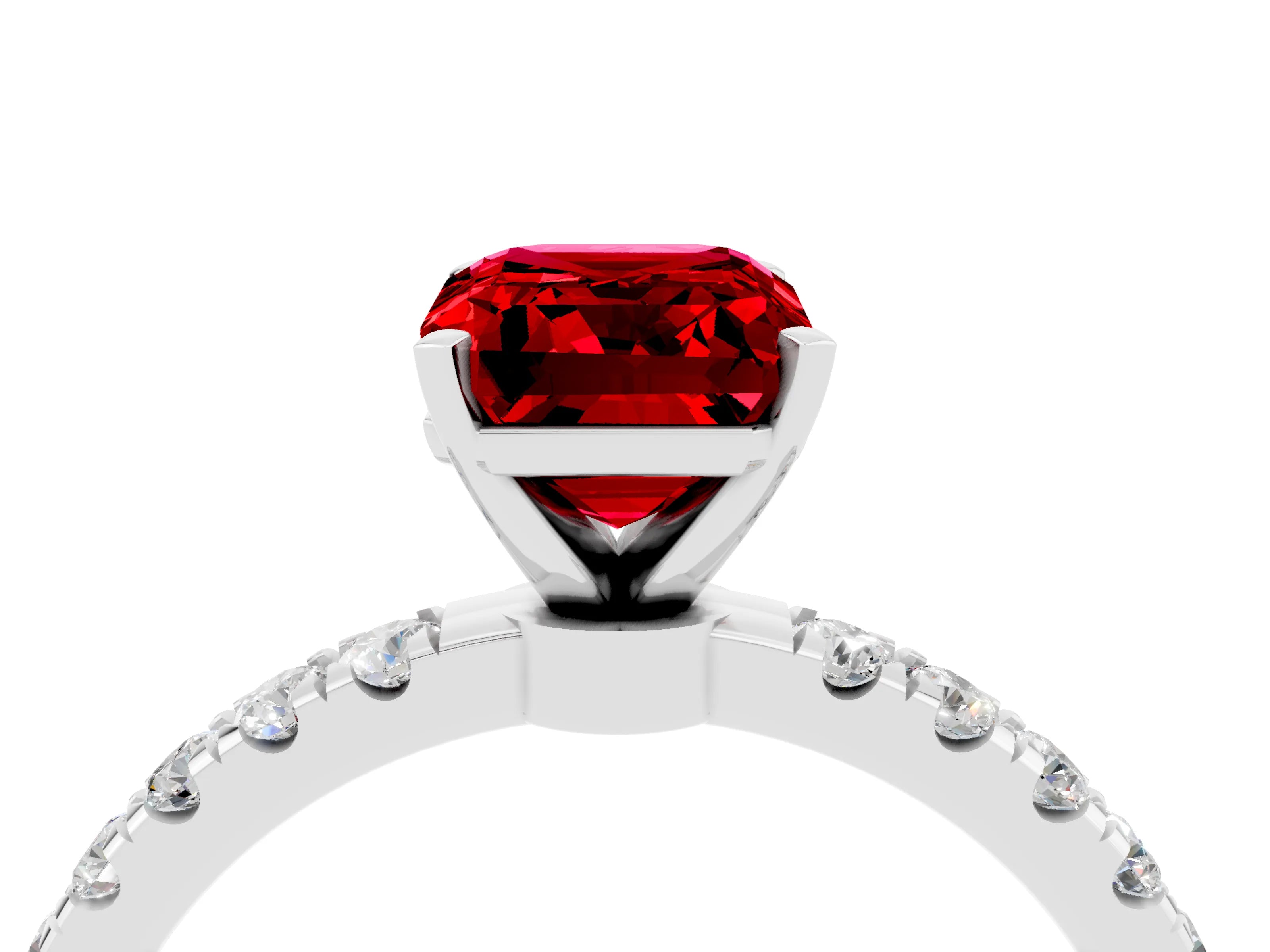 White gold Emerald Cut Ruby Solitaire Ring with Pavé Accents and Four-Prong Setting_4