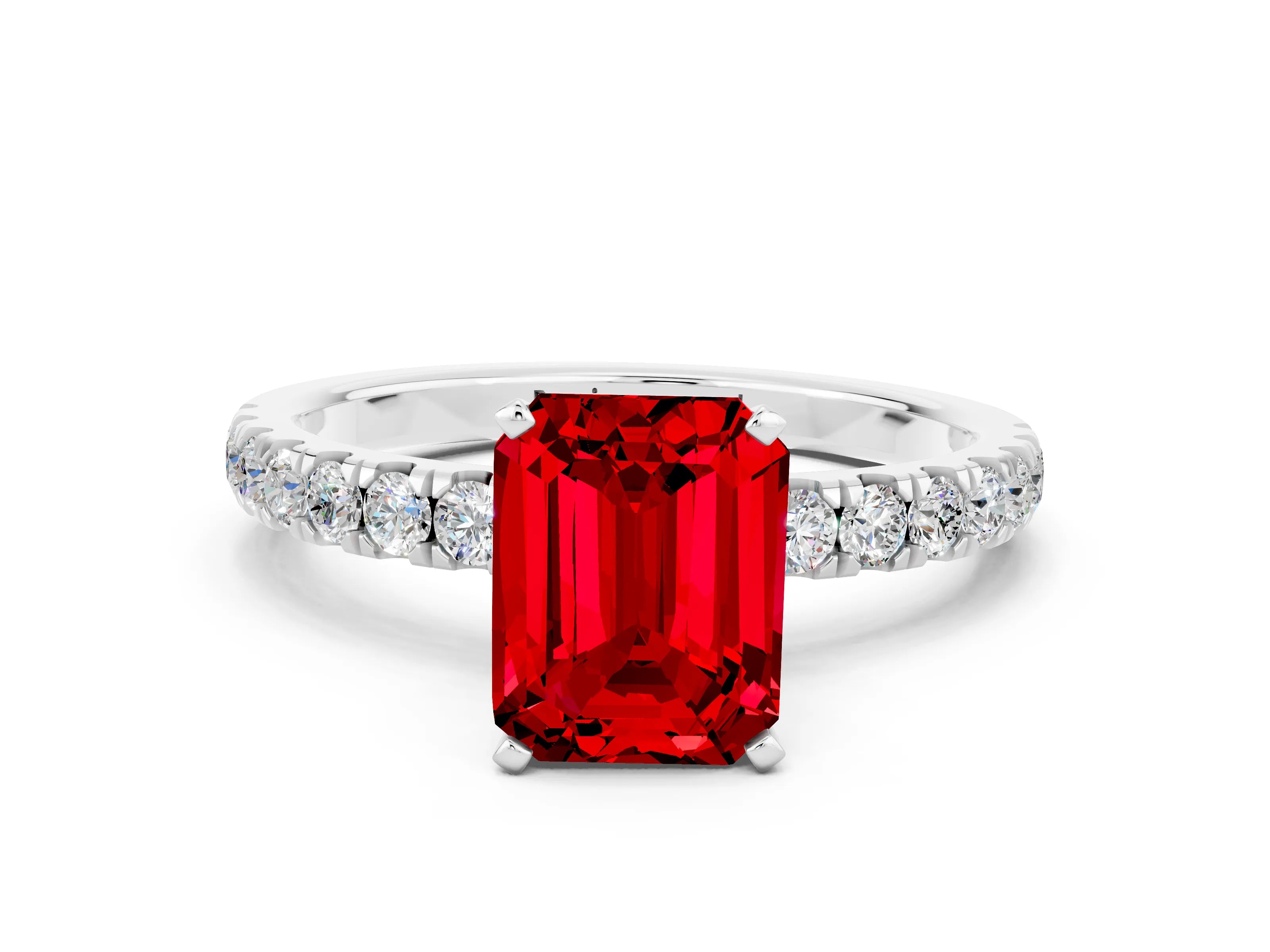 White gold Emerald Cut Ruby Solitaire Ring with Pavé Accents and Four-Prong Setting