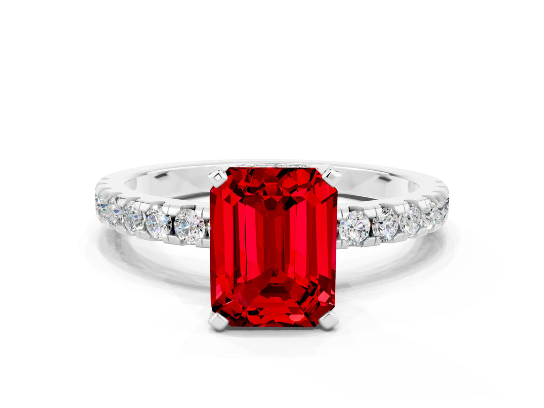 White gold Emerald Cut Ruby Solitaire Ring with Pavé Band and Four-Prong Setting_24