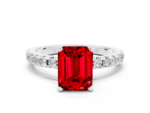 White gold Emerald Cut Ruby Solitaire Ring with Pavé Band and Four-Prong Setting_24