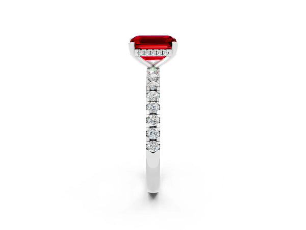 Platinum Emerald Cut Ruby Solitaire Ring with Round  Pavé Band and Four-Prong Setting