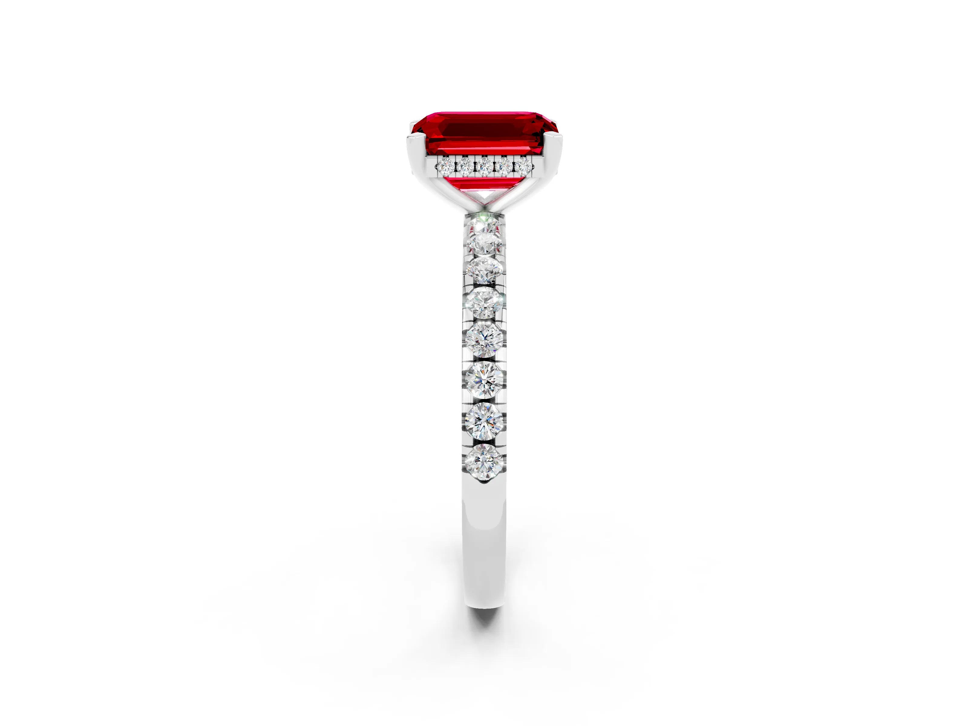 White gold Emerald Cut Ruby Solitaire Ring with Pavé Band and Four-Prong Setting_26
