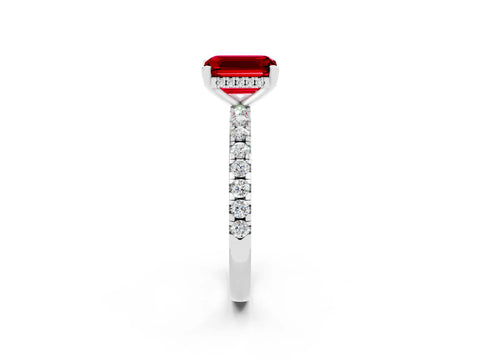 White gold Emerald Cut Ruby Solitaire Ring with Pavé Band and Four-Prong Setting_26