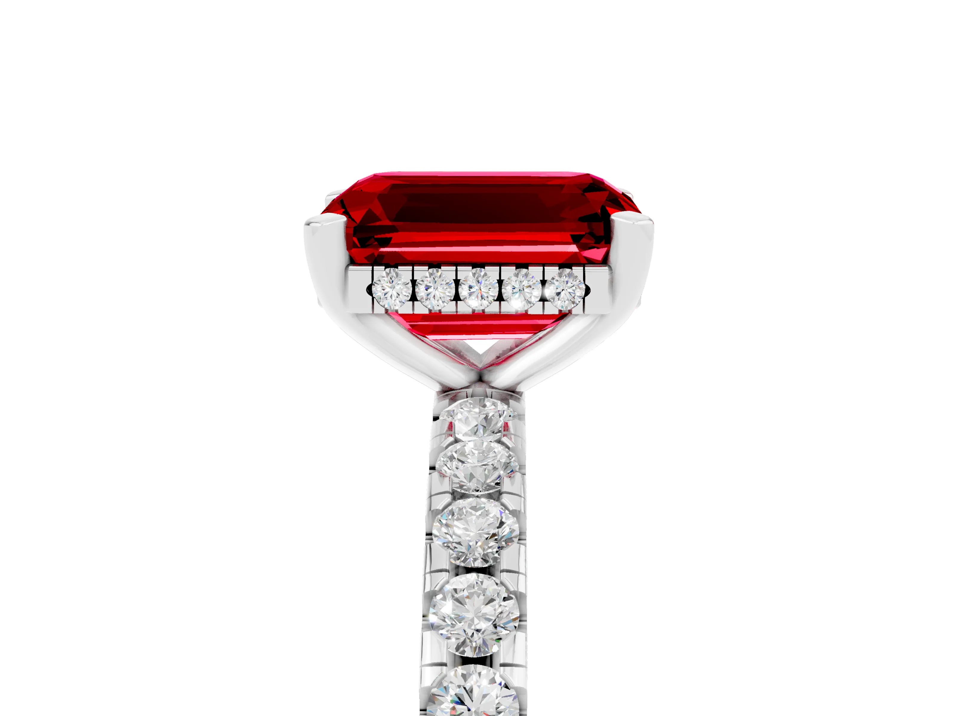 White gold Emerald Cut Ruby Solitaire Ring with Pavé Band and Four-Prong Setting_29