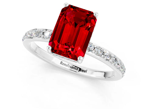 White gold Emerald Cut Ruby Solitaire Ring with Pavé Band and Hidden Halo_19