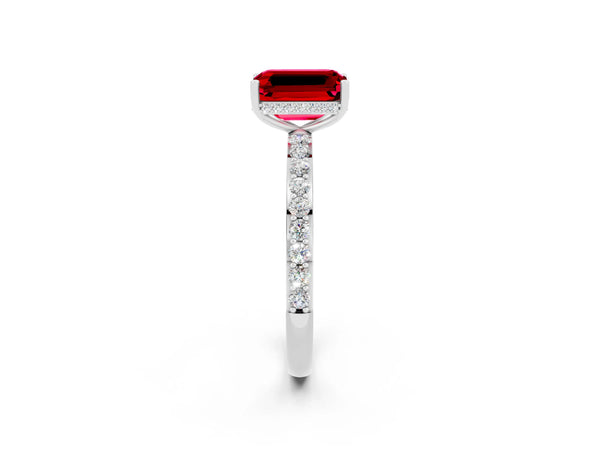 Silver Emerald Cut Ruby Solitaire Ring with Pavé Band and Hidden Halo