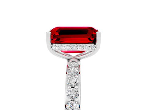 White gold Emerald Cut Ruby Solitaire Ring with Pavé Band and Hidden Halo_23