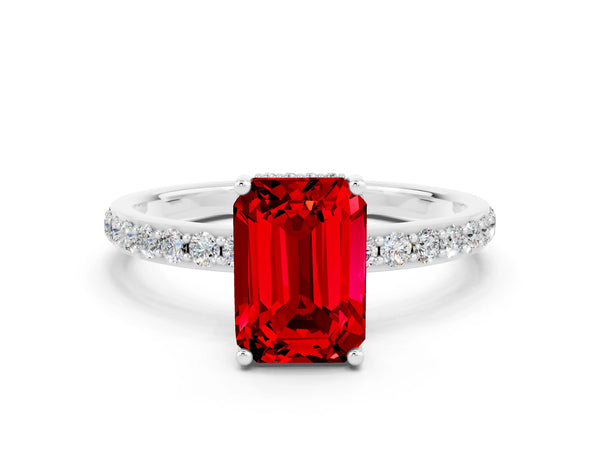 Platinum Emerald Cut Ruby Solitaire Ring with Pavé Band and Hidden Halo