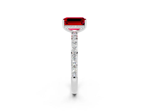 White gold Emerald Cut Ruby Solitaire Ring with Pavé Band and Hidden Halo_26