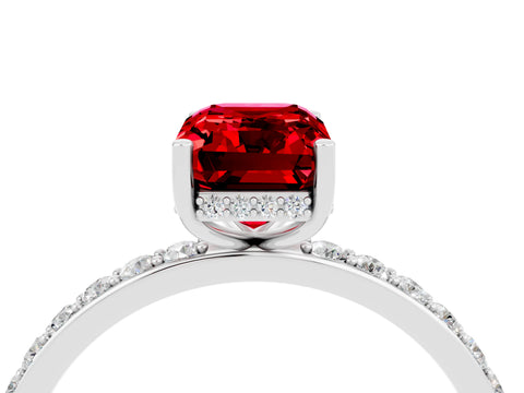 White gold Emerald Cut Ruby Solitaire Ring with Pavé Band and Hidden Halo_28