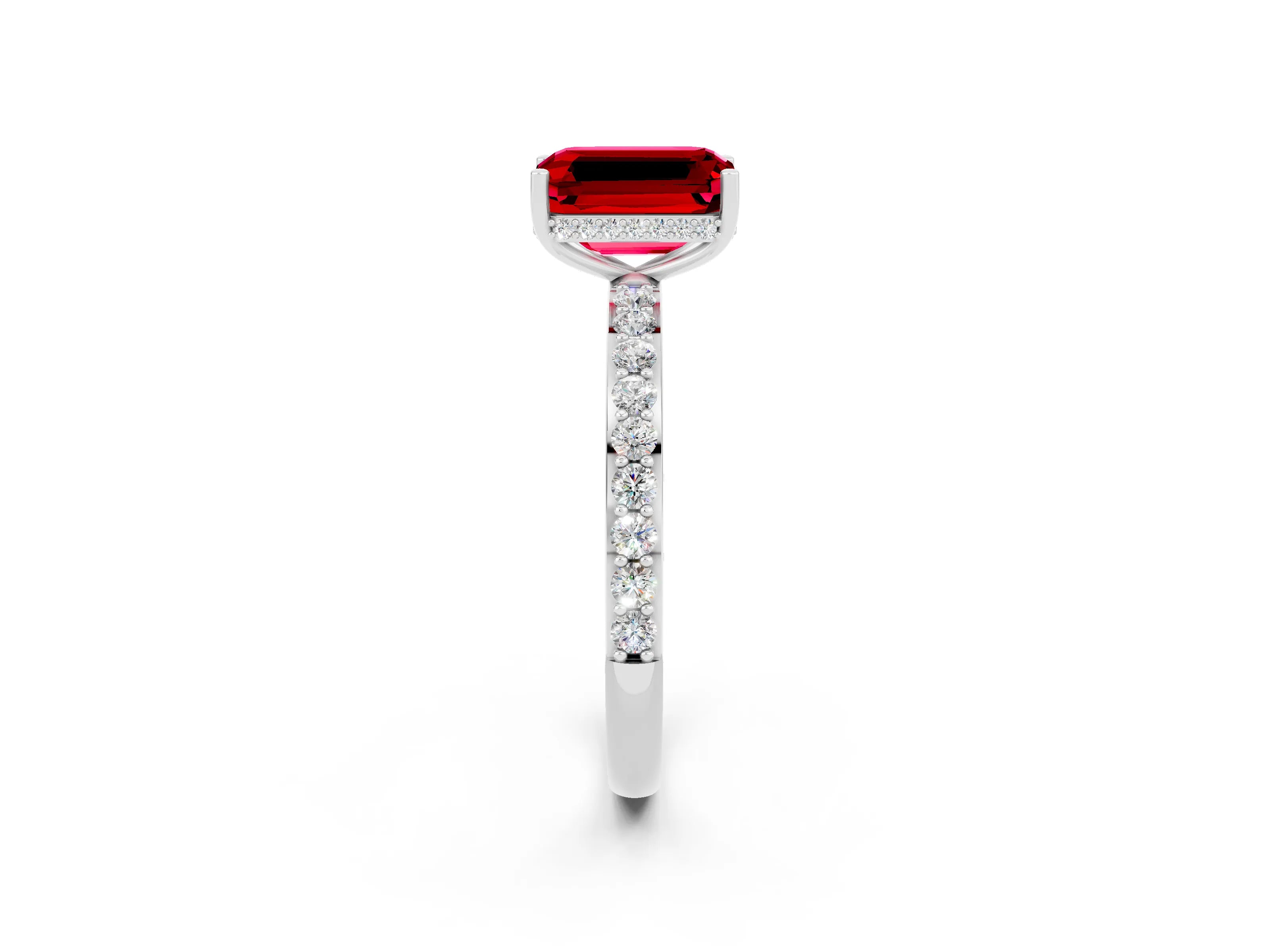 White gold Emerald Cut Ruby Solitaire Ring with Pavé Band and Hidden Halo_44