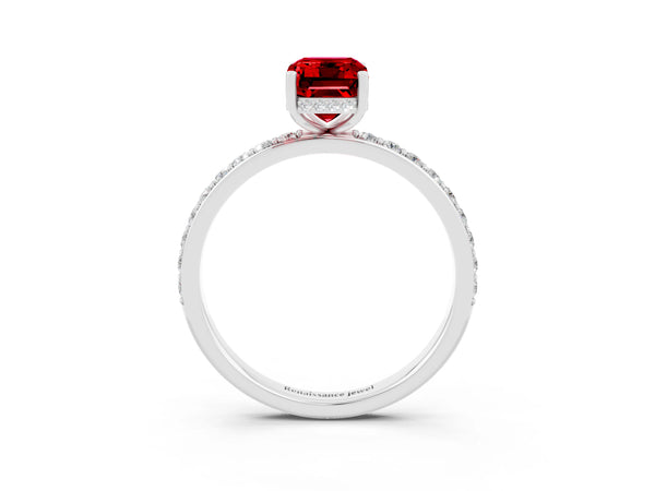 White gold Emerald Cut Ruby Solitaire Ring with Pavé Band and Hidden Halo