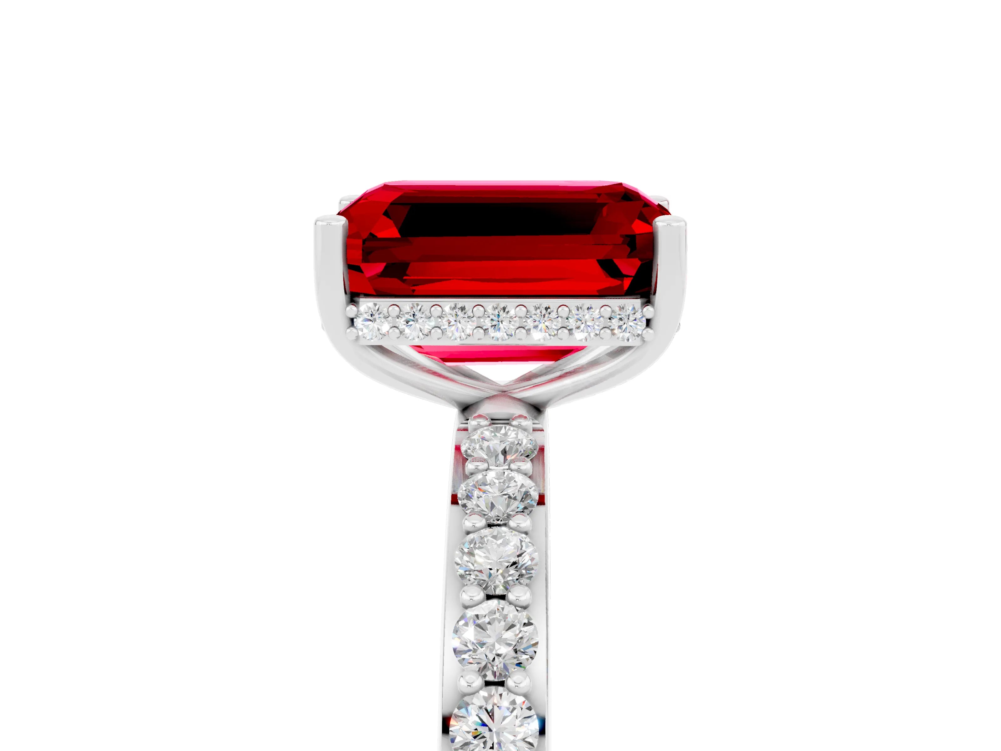 White gold Emerald Cut Ruby Solitaire Ring with Pavé Band and Hidden Halo_47
