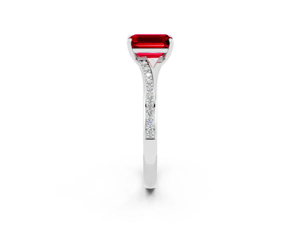 Platinum Emerald Cut Ruby Solitaire Ring with Pavé Band and Prong Setting