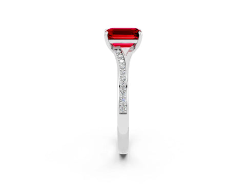 White gold Emerald Cut Ruby Solitaire Ring with Pavé Band and Prong Setting_2