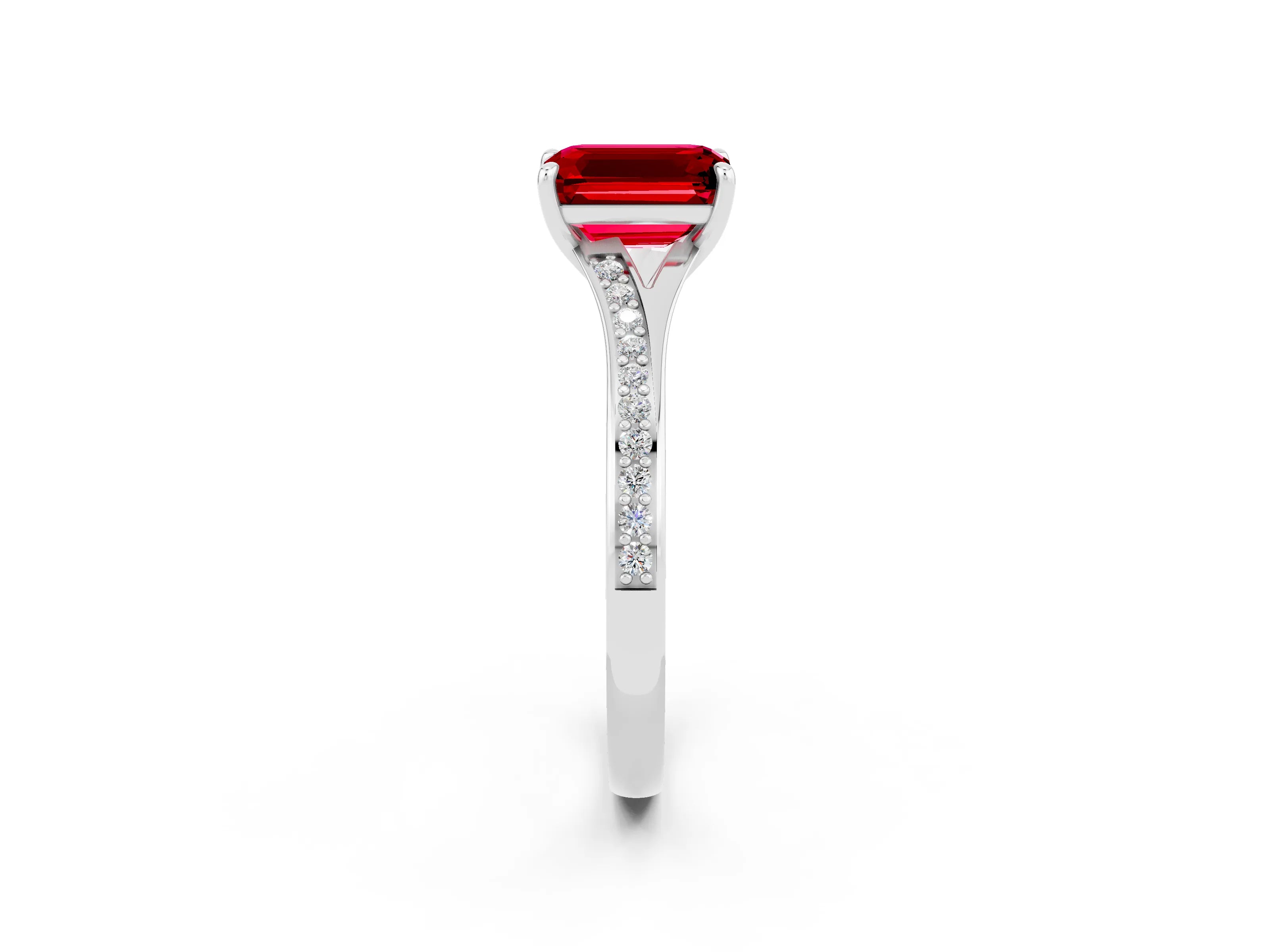White gold Emerald Cut Ruby Solitaire Ring with Pavé Band and Prong Setting_2