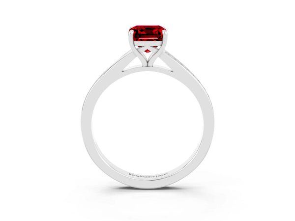 Platinum Emerald Cut Ruby Solitaire Ring with Pavé Band and Prong Setting