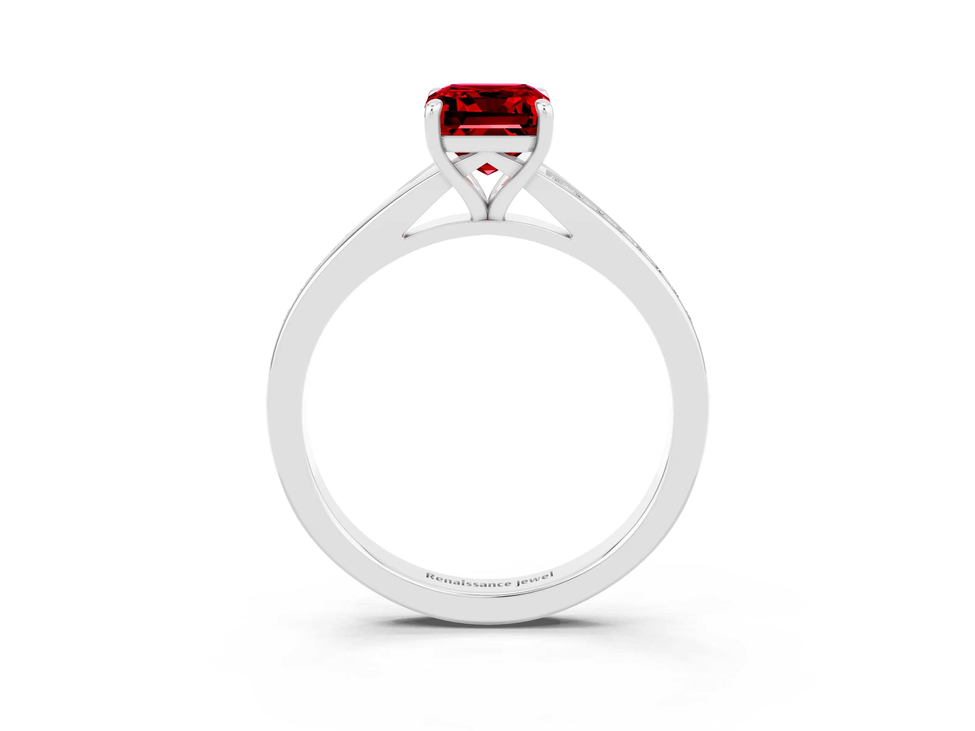 White gold Emerald Cut Ruby Solitaire Ring with Pavé Band and Prong Setting_3