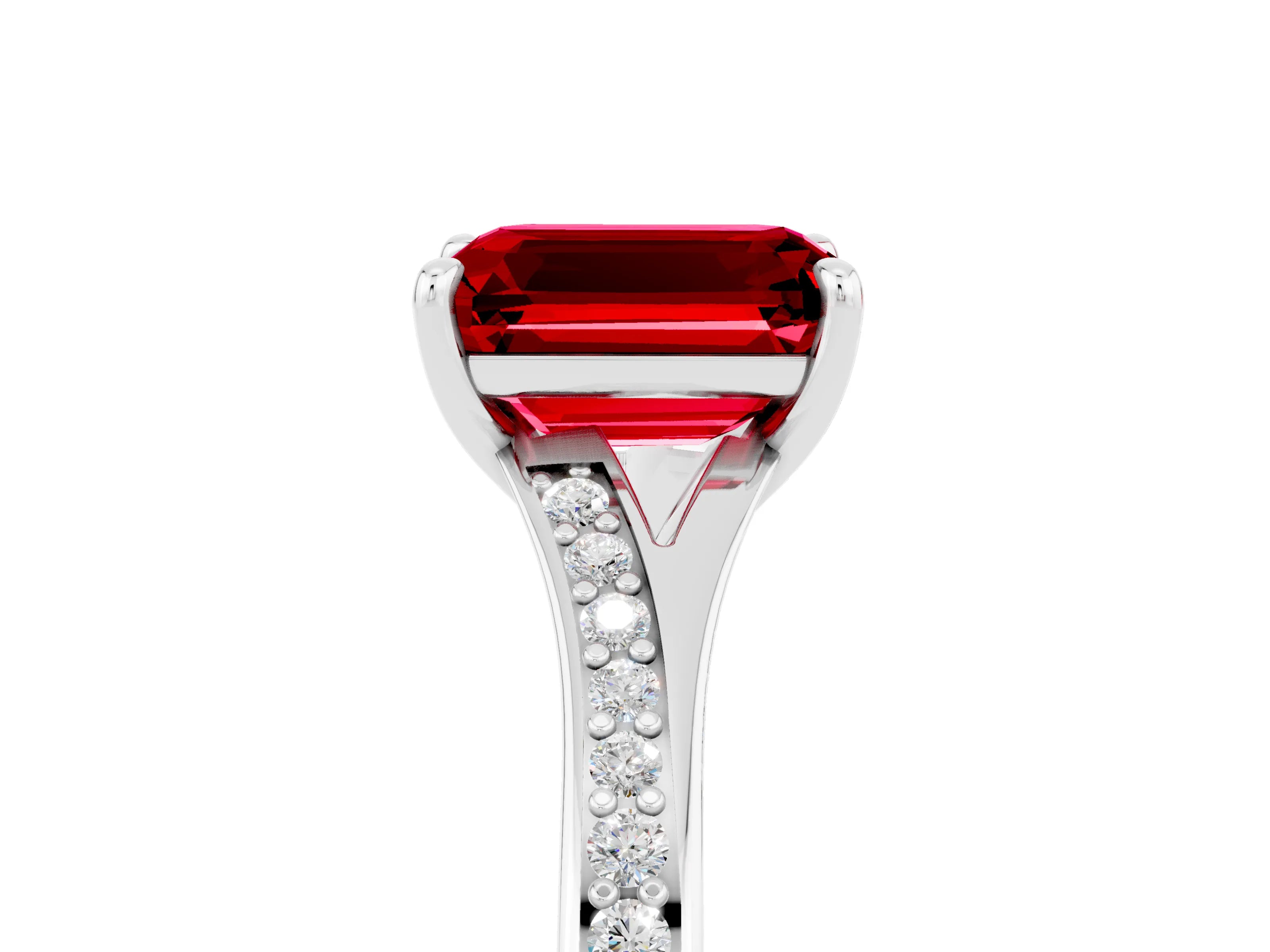 White gold Emerald Cut Ruby Solitaire Ring with Pavé Band and Prong Setting_5