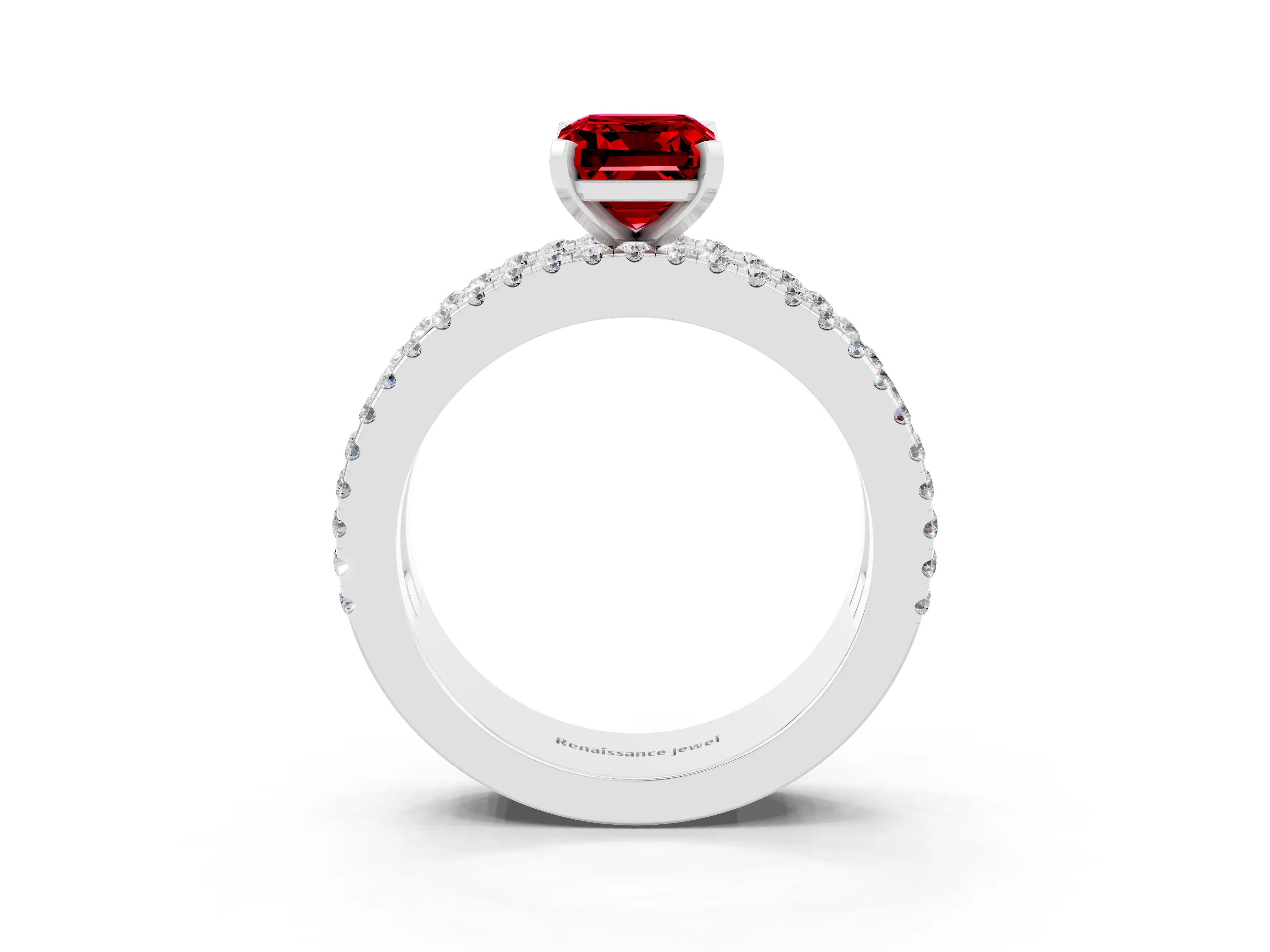 White gold Emerald Cut Ruby Solitaire Ring with Pavé and Channel Set Band_3