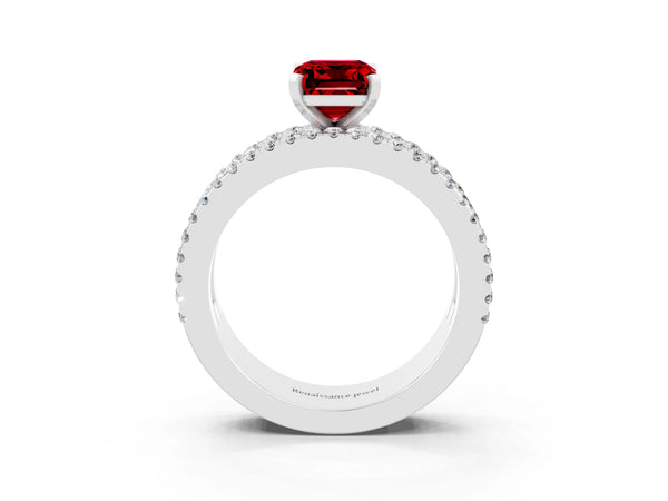Platinum Emerald Cut Ruby Solitaire Ring with Pavé and Channel Set Band