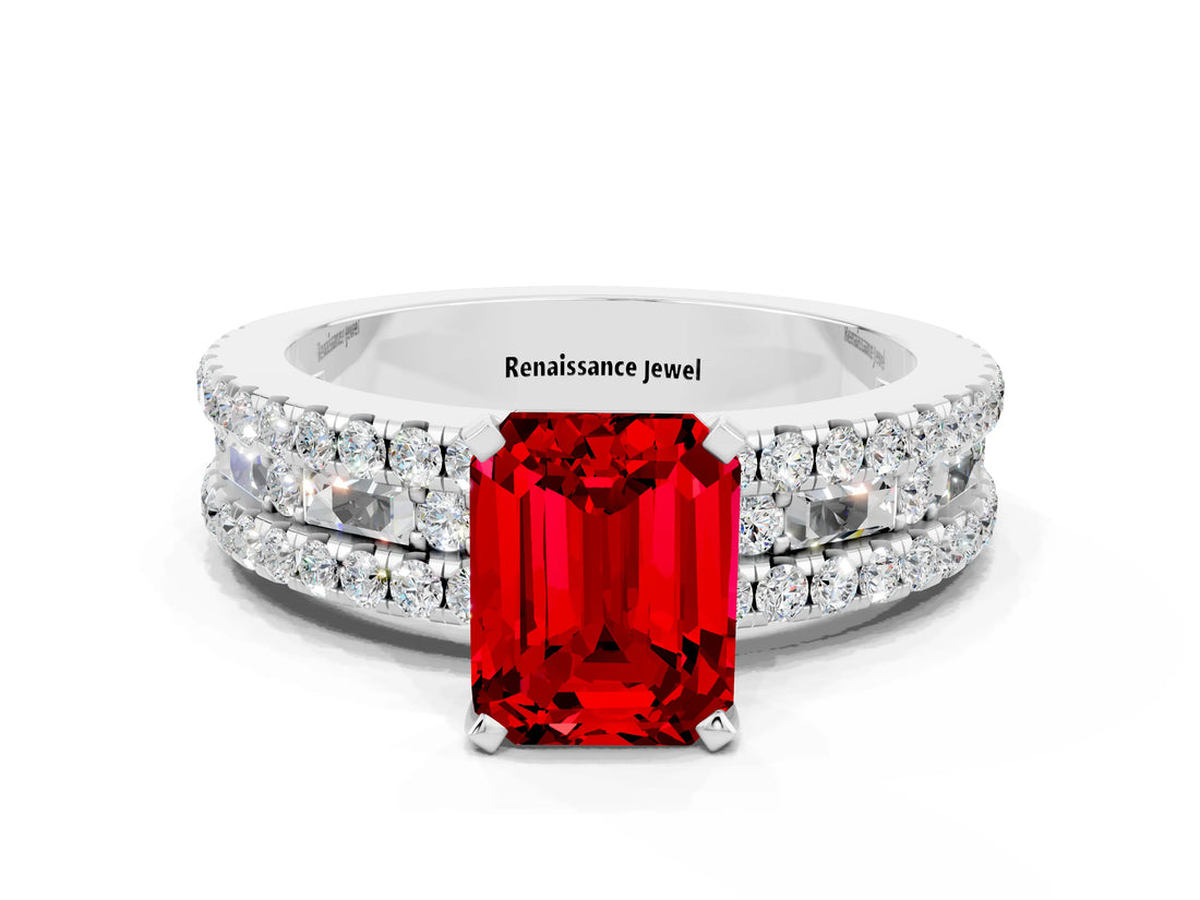 White gold Emerald Cut Ruby Solitaire Ring with Pavé and Channel Set Band