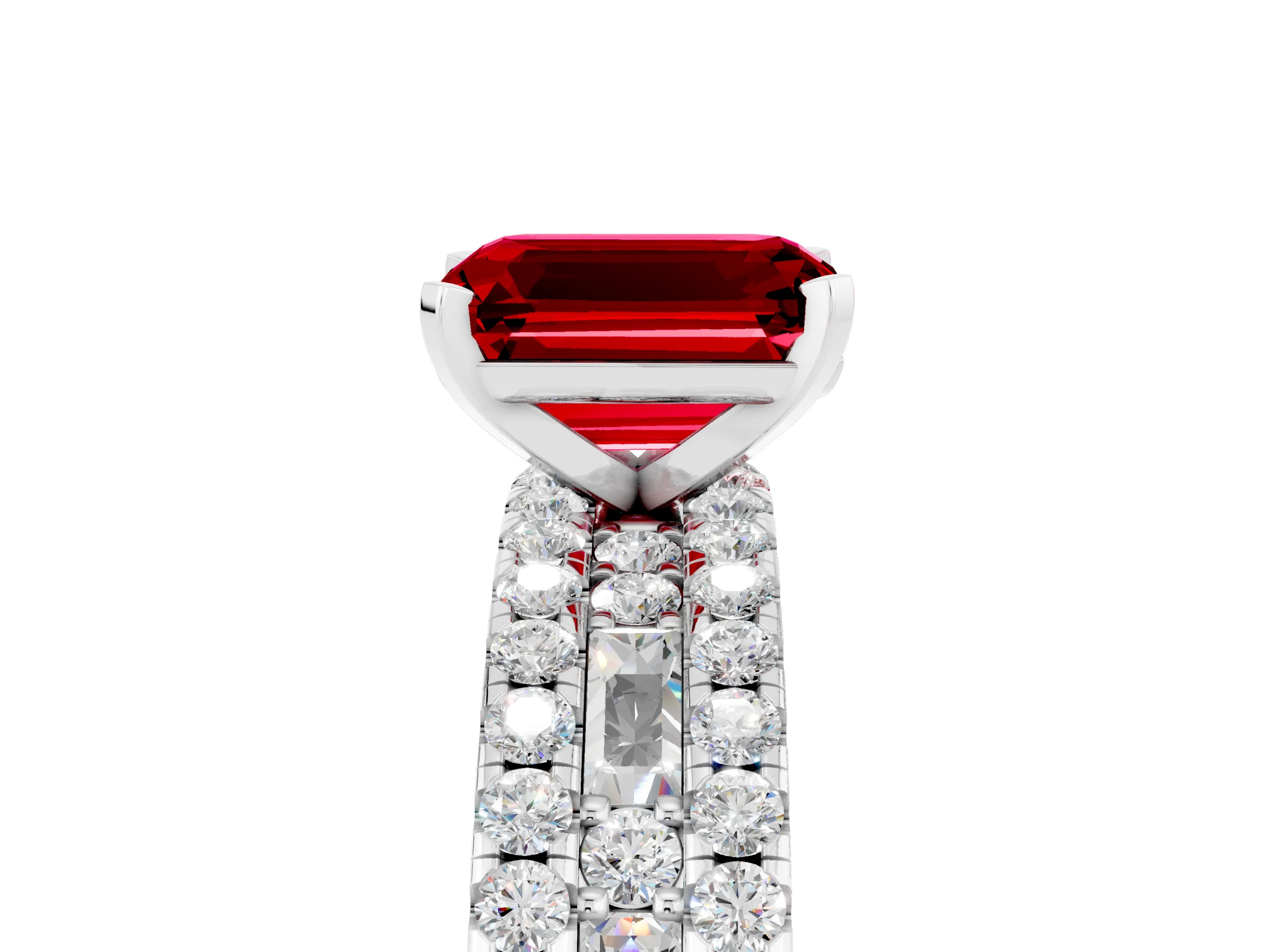 White gold Emerald Cut Ruby Solitaire Ring with Pavé and Channel Set Band_5