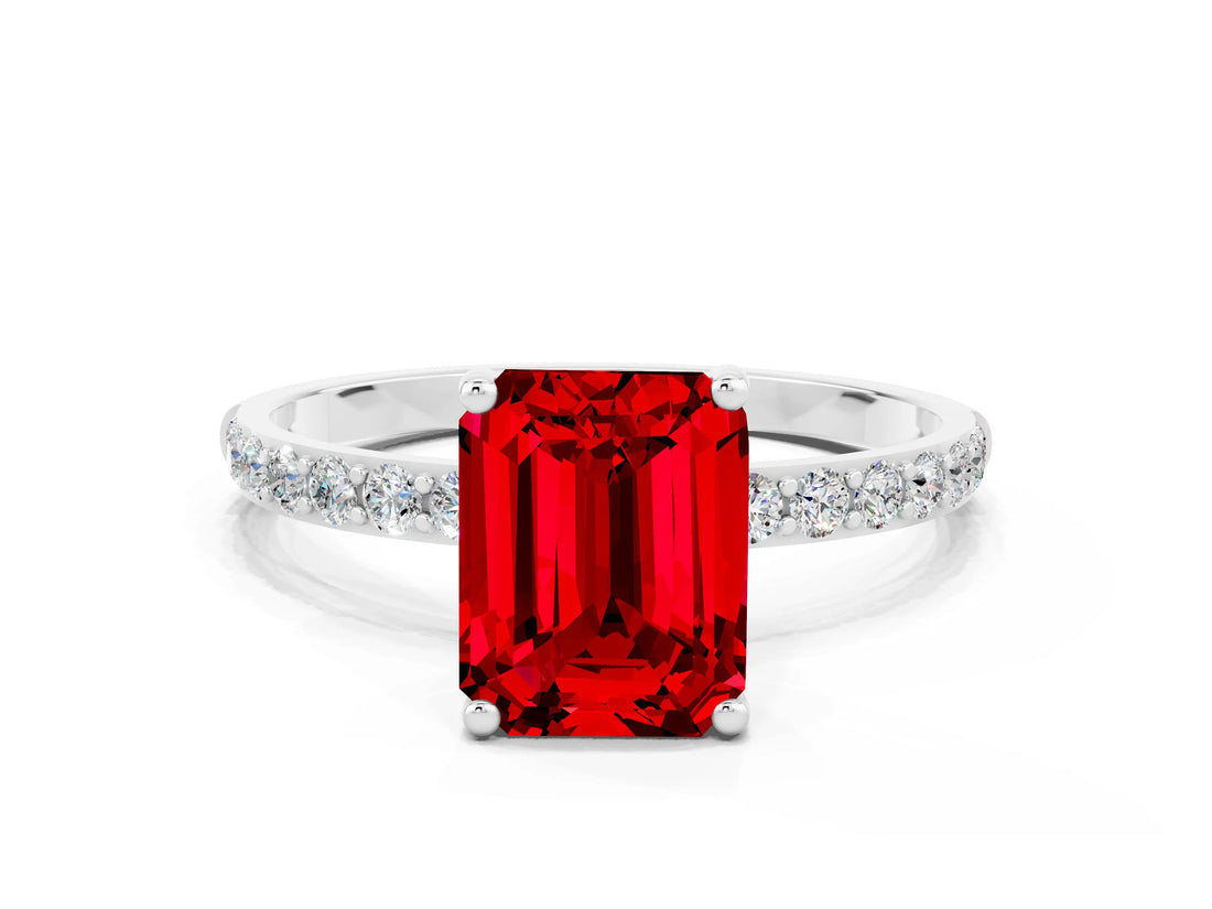 White gold Emerald Cut Ruby Solitaire Ring with Pave Band and Four Prong Setting_24