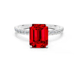White gold Emerald Cut Ruby Solitaire Ring with Pave Band and Four Prong Setting_24