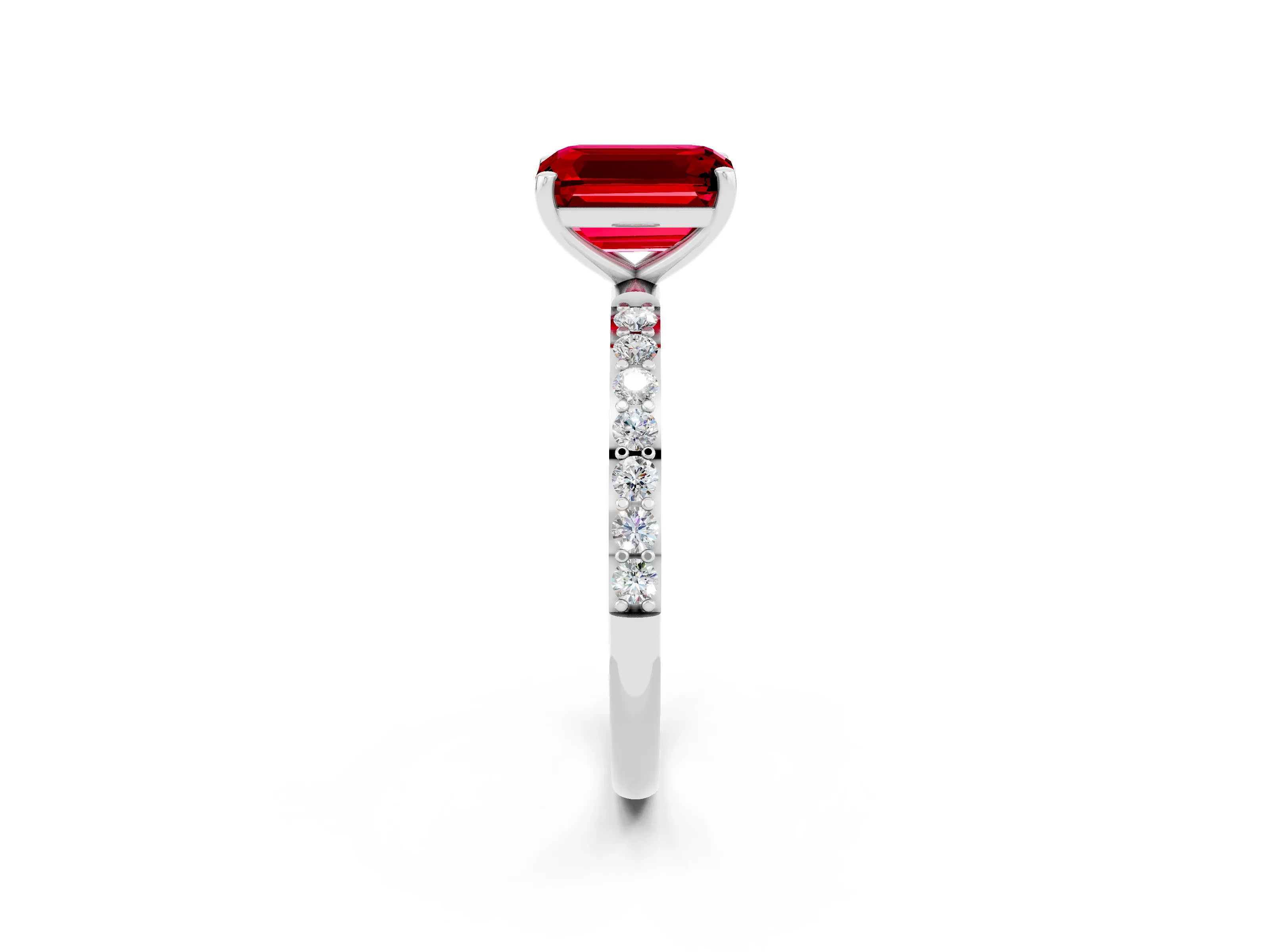 White gold Emerald Cut Ruby Solitaire Ring with Pave Band and Four Prong Setting_26
