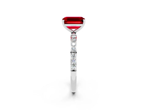 White gold Emerald Cut Ruby Solitaire Ring with Pave Band and Four Prong Setting_26