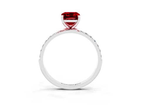 White gold Emerald Cut Ruby Solitaire Ring with Pave Band and Four Prong Setting_27