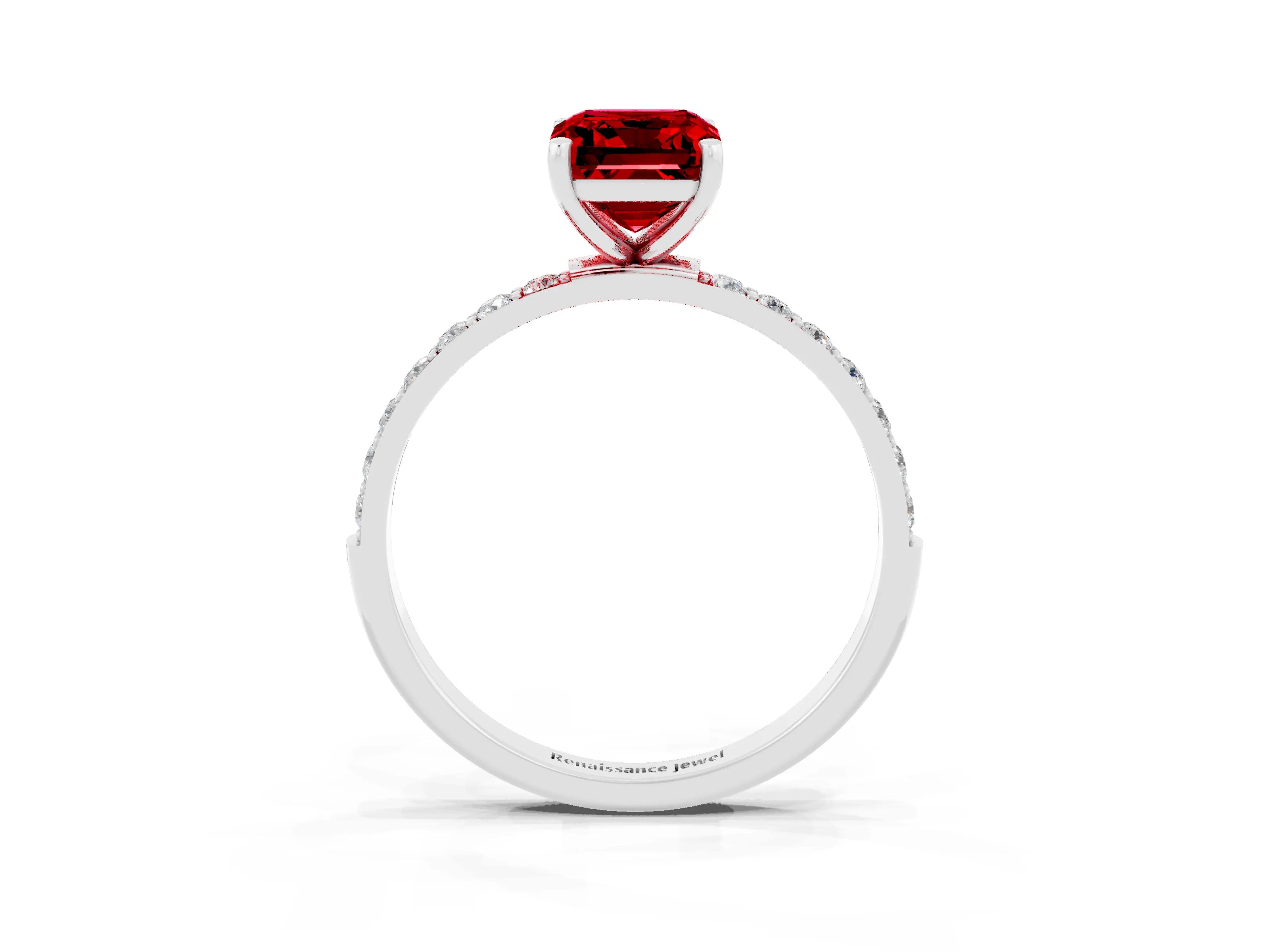 White gold Emerald Cut Ruby Solitaire Ring with Pave Band and Four Prong Setting_27