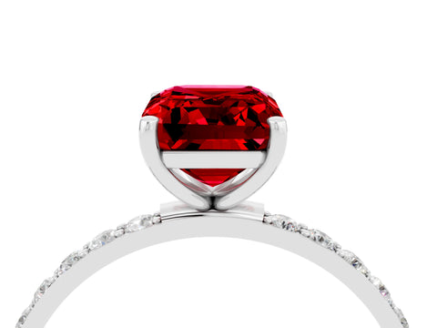 White gold Emerald Cut Ruby Solitaire Ring with Pave Band and Four Prong Setting_28