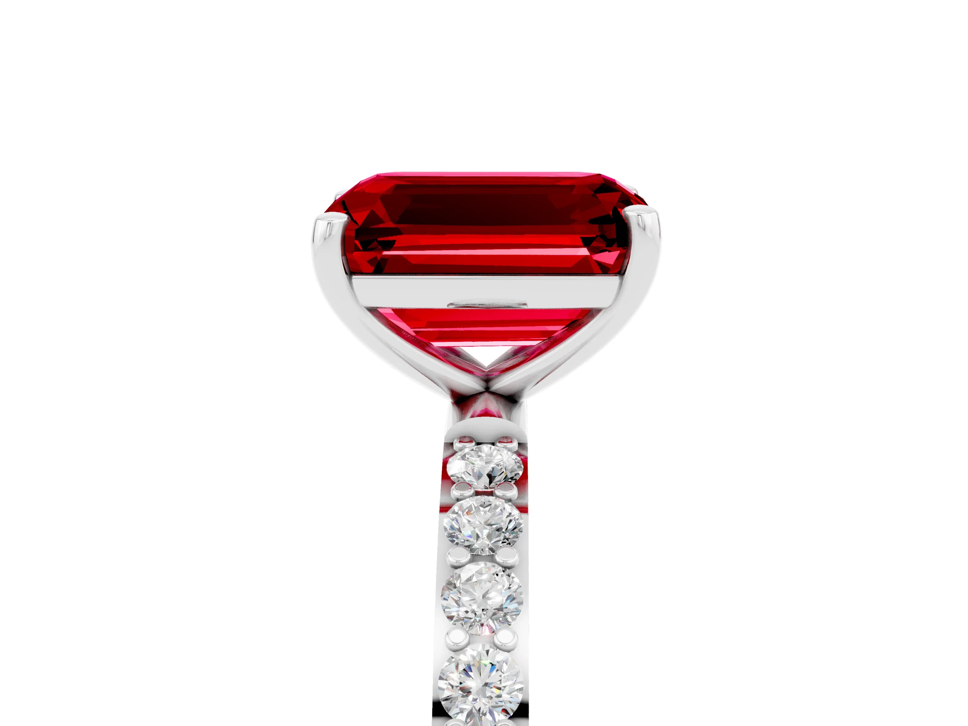 White gold Emerald Cut Ruby Solitaire Ring with Pave Band and Four Prong Setting_29