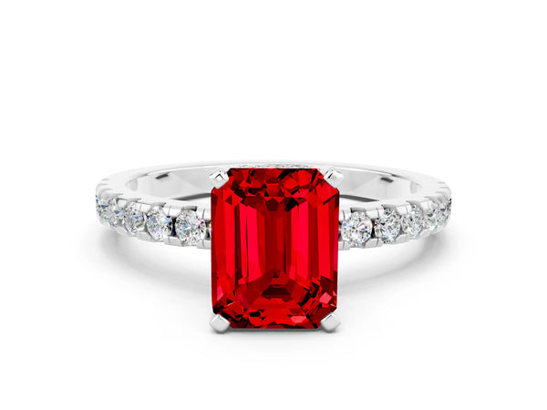 White gold Emerald Cut Ruby Solitaire Ring with Round  Pavé Band and Four-Prong Setting