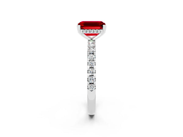White gold Emerald Cut Ruby Solitaire Ring with Round  Pavé Band and Four-Prong Setting