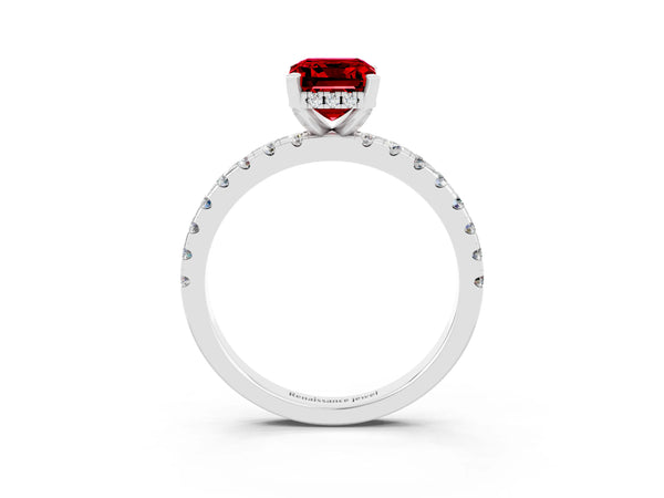 White gold Emerald Cut Ruby Solitaire Ring with Round  Pavé Band and Four-Prong Setting