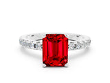 White gold Emerald Cut Ruby Solitaire Ring with Round  Pavé Band and Four-Prong Setting_48
