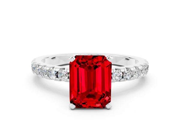 White gold Emerald Cut Ruby Solitaire Ring with Round Pavé Band and Four-Prong Setting