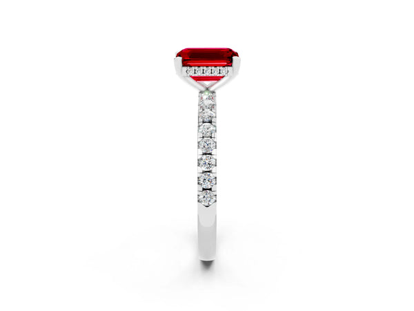 White gold Emerald Cut Ruby Solitaire Ring with Round Pavé Band and Four-Prong Setting