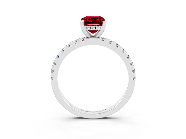 White gold Emerald Cut Ruby Solitaire Ring with Round Pavé Band and Four-Prong Setting