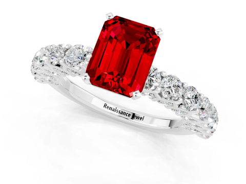 White gold Emerald Cut Ruby Solitaire Ring with Shared Prong Pavé Band and Four-Prong Setting_1
