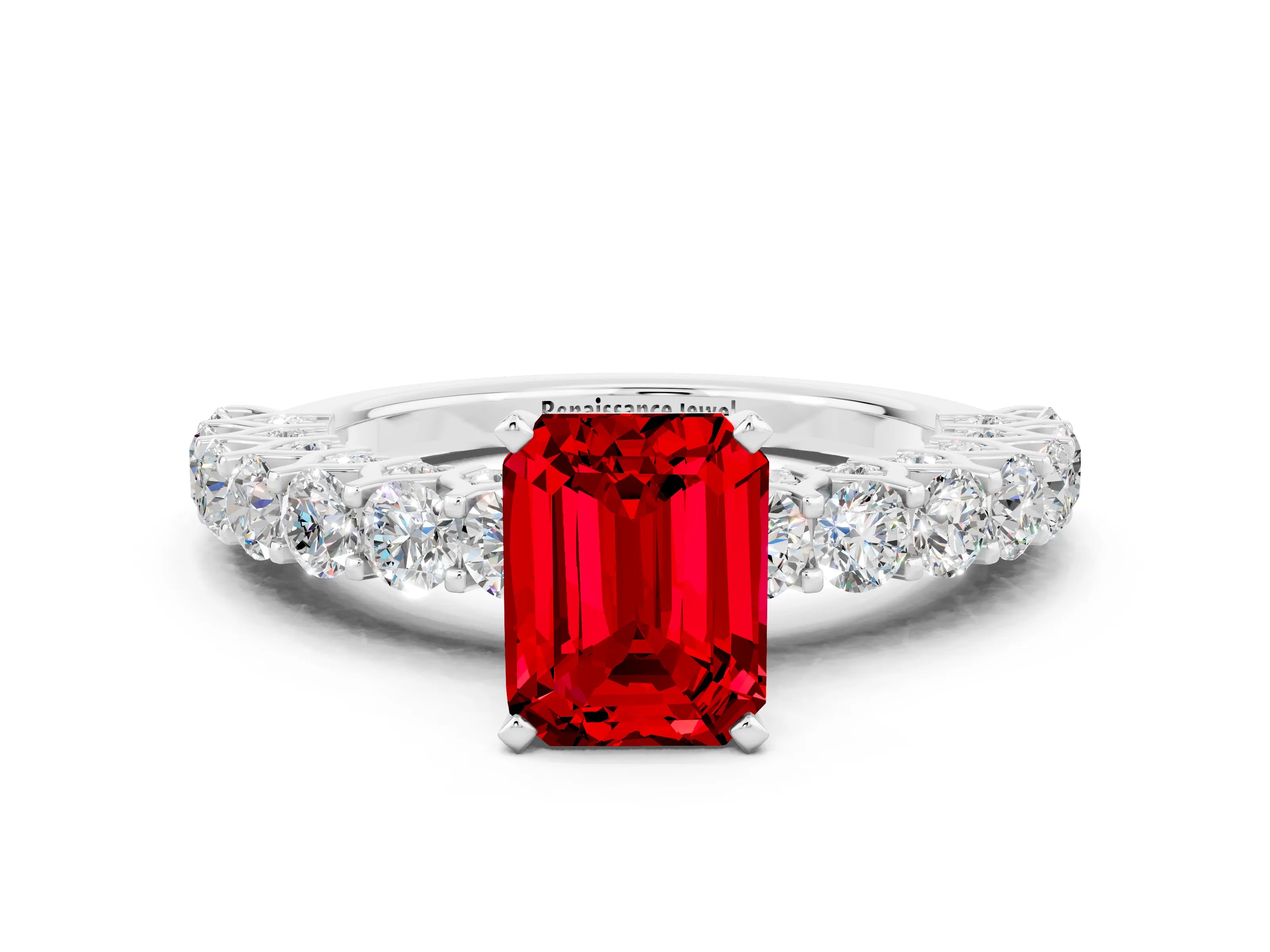 White gold Emerald Cut Ruby Solitaire Ring with Shared Prong Pavé Band and Four-Prong Setting