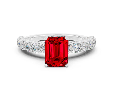 White gold Emerald Cut Ruby Solitaire Ring with Shared Prong Pavé Band and Four-Prong Setting