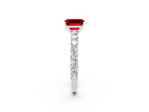 Silver Emerald Cut Ruby Solitaire Ring with Shared Prong Pavé Band and Four-Prong Setting