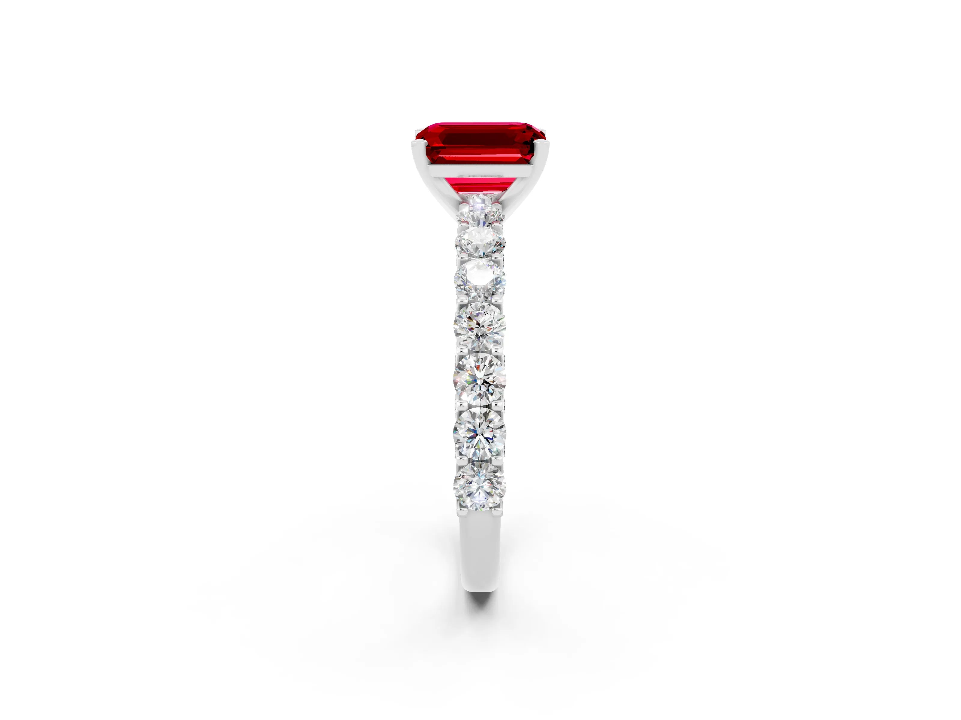 White gold Emerald Cut Ruby Solitaire Ring with Shared Prong Pavé Band and Four-Prong Setting_2